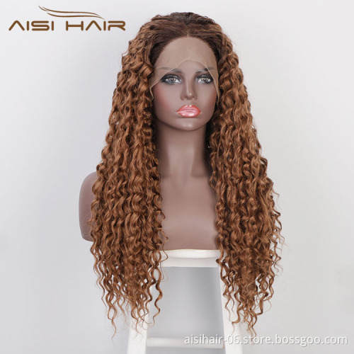 Aisi Hair New Design Long Wavy Ombre Brown Wig Afro Kinky Curly Swiss Lace Wig Curly Wave Lace Frontal Hair Wigs For Black Women